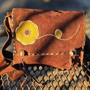 Handcrafted Brown Suede Bag with Flower Design